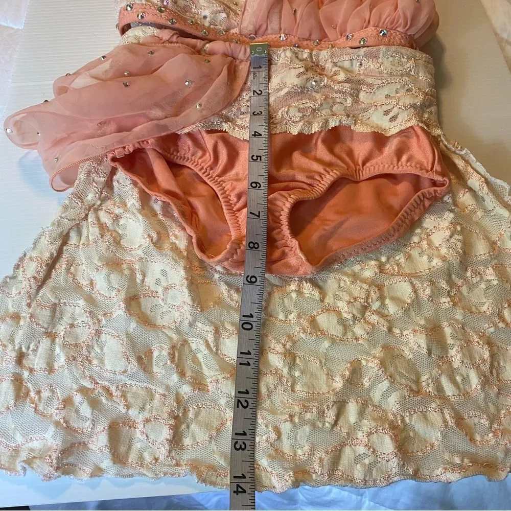 Custom made dance costume blush peach lace rhinestone 2 piece child IC/MC medium